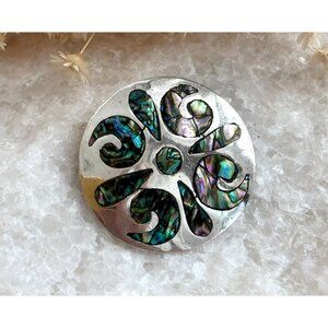 Taxco Sterling Silver Abalone Mexican Round Abstract Vintage Brooch Pendant